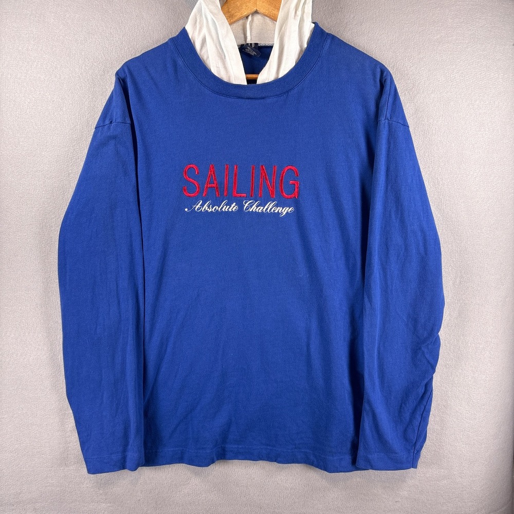 Vintage Gap Nautical Hooded Long Sleeve Shirt Large Blue Sailing Embroidered
